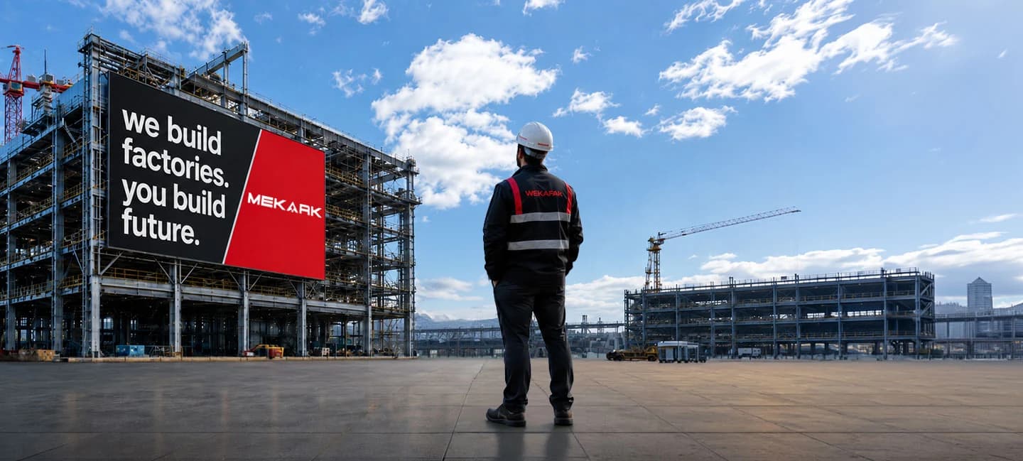 Mekark factory under construction with a billboard reading: we build factories, you build future