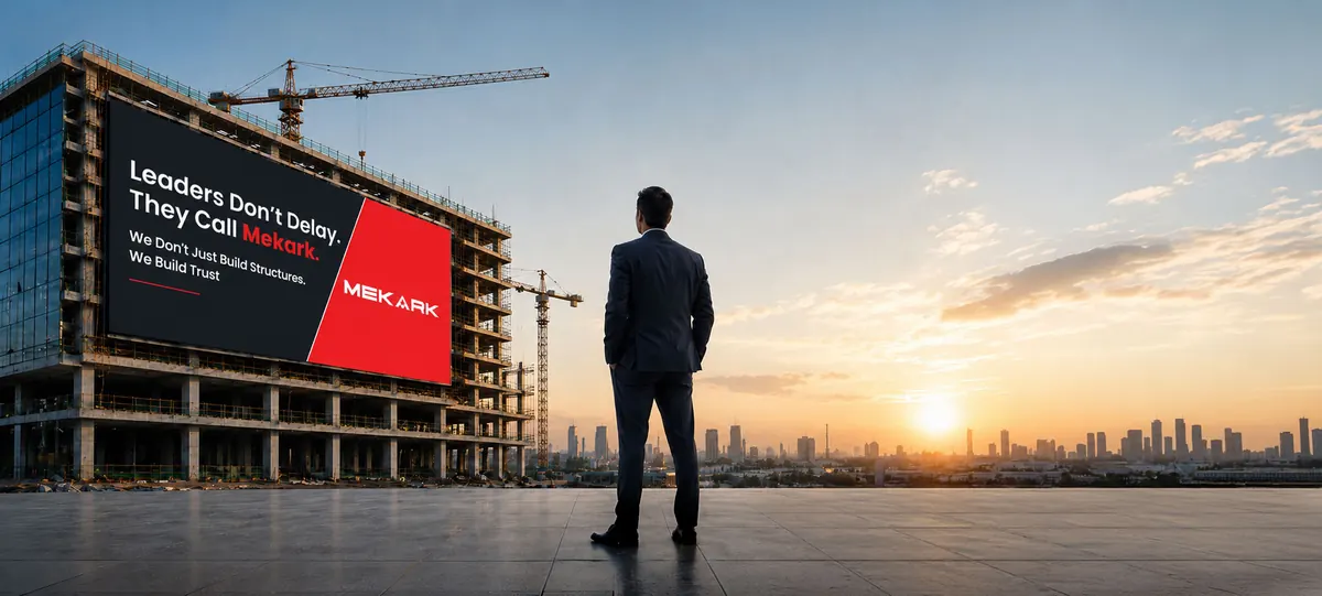 Mekark factory under construction with a billboard reading: we build factories, you build future