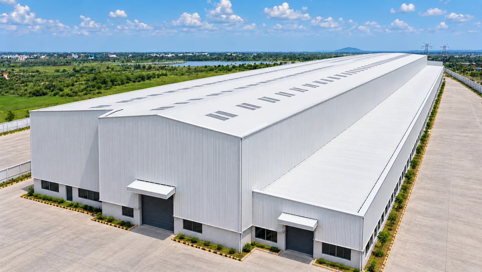 Large white industrial warehouse with a long sloping roof