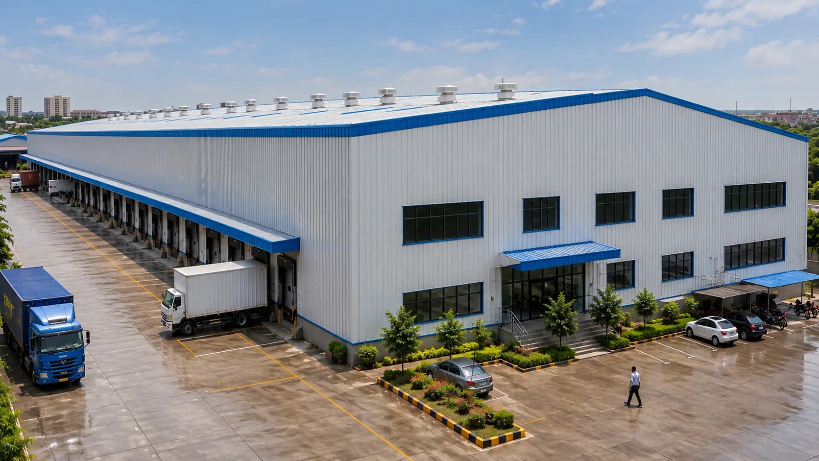 White and blue warehouse with loading docks and a parked truck