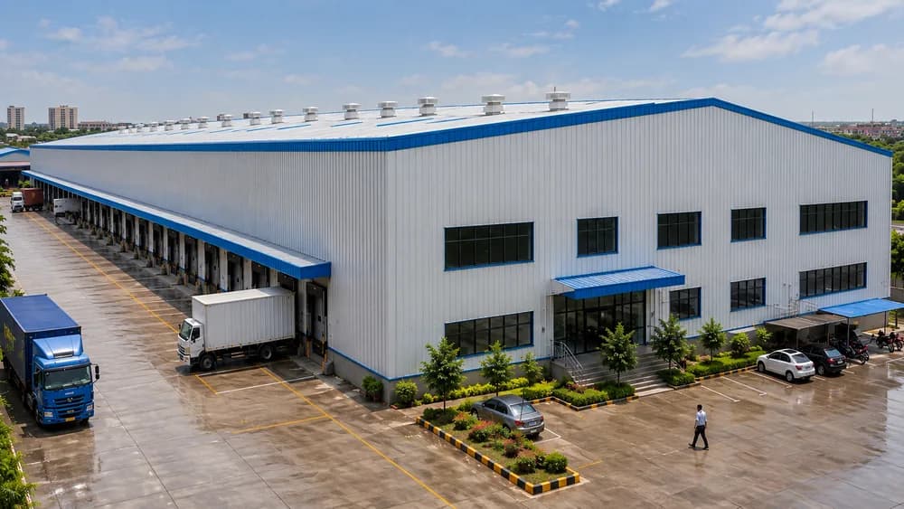 White and blue warehouse with loading docks and a parked truck